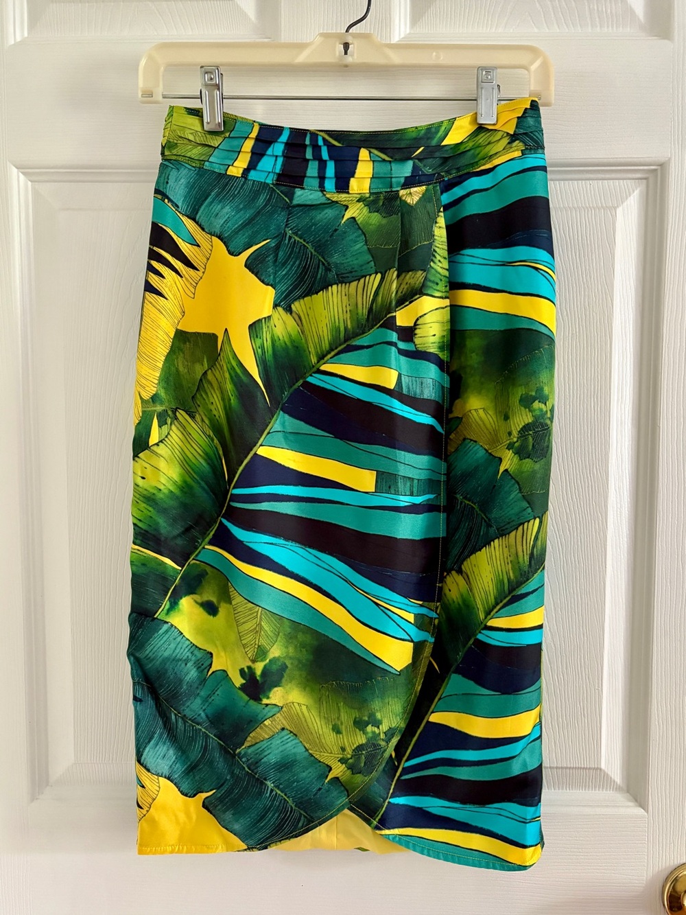 J. Crew COLLECTION Silk Faux Wrap Skirt Tropical Jungle Green Yellow Teal Sz 2P